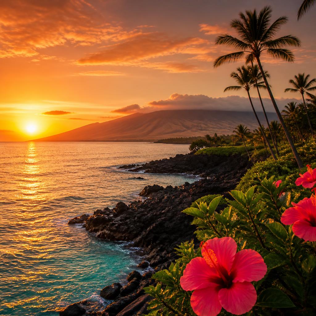 Kona, Hawaiʻi — volcanic coastline and sunset over the Pacific