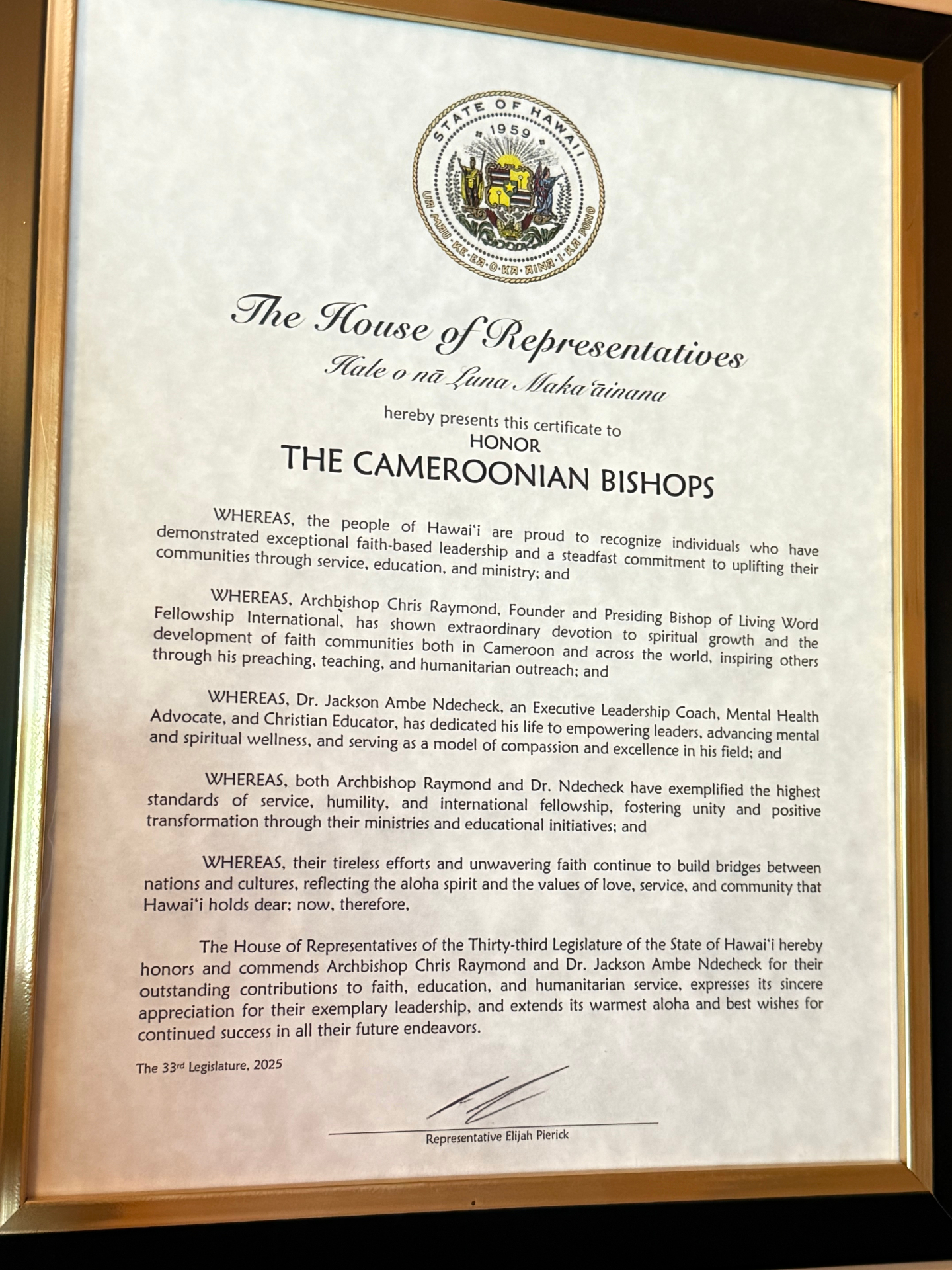 Hawaiʻi State House of Representatives — Certificate of Honor to Dr. Jackson Ambe Ndecheck, 33rd Legislature (2025)