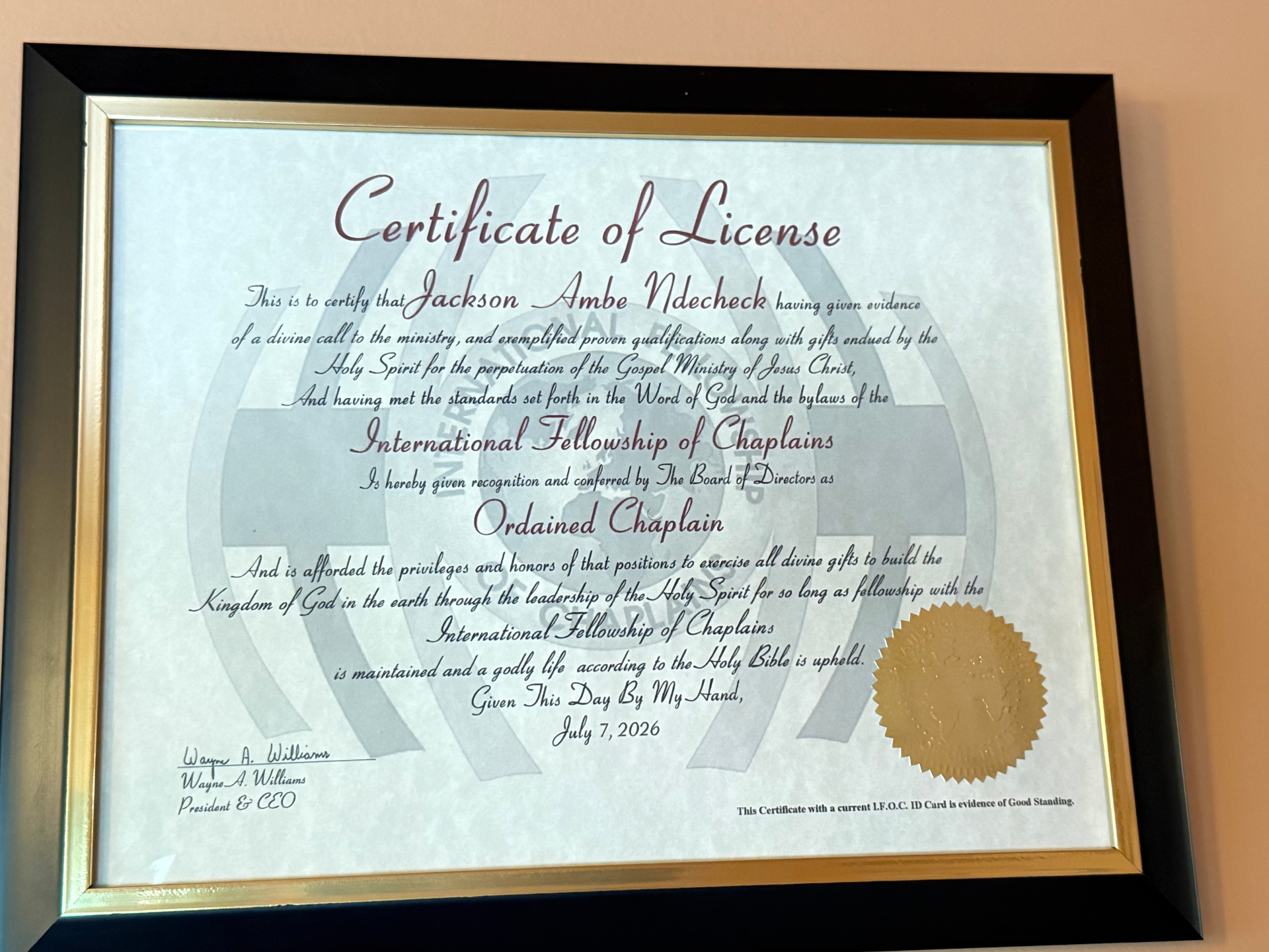 International Fellowship of Chaplains — Ordained Chaplain Certificate of License, Jackson Ambe Ndecheck