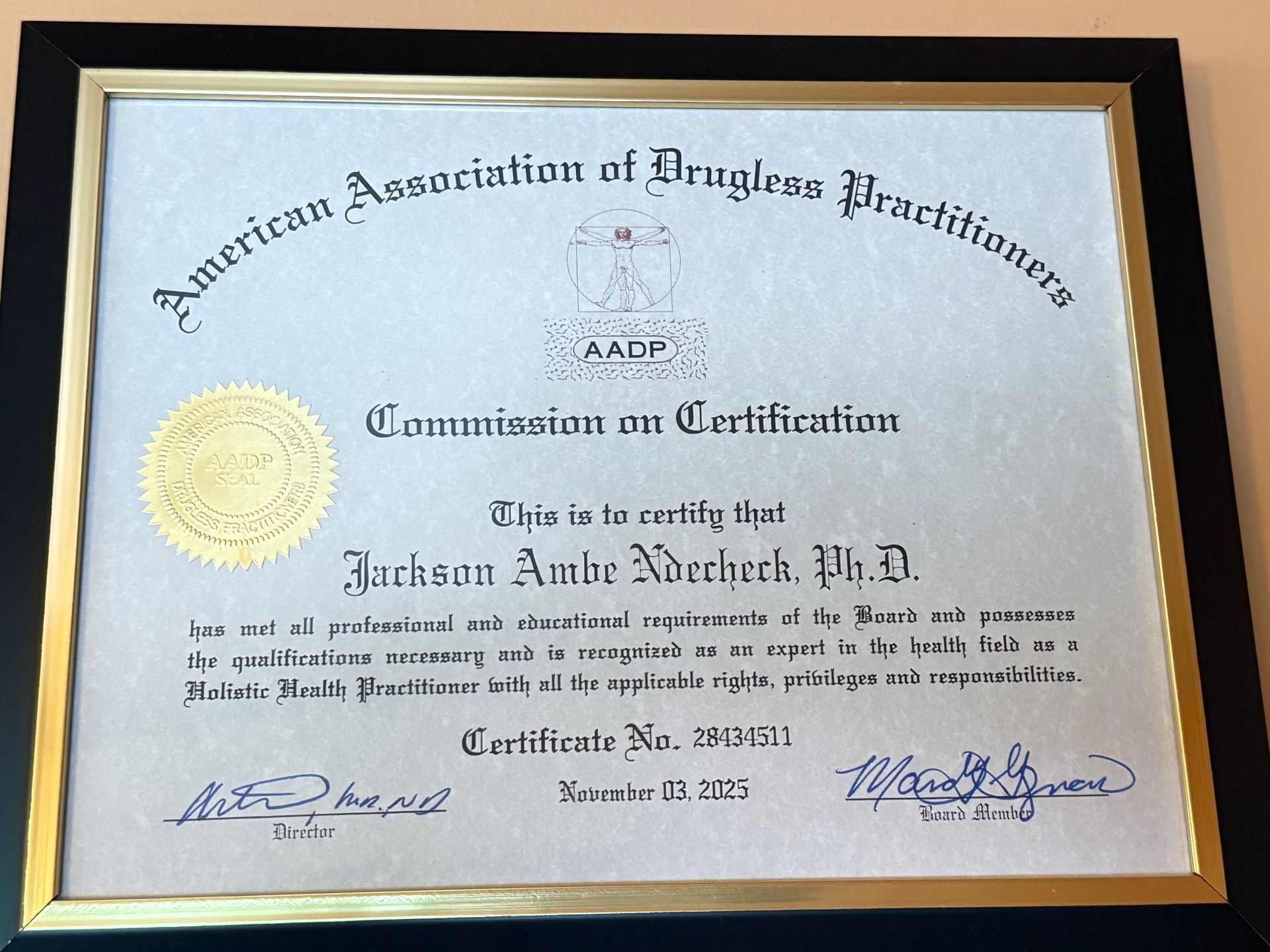 American Association of Drugless Practitioners — Commission on Certification, Holistic Health Practitioner, Jackson Ambe Ndecheck, Ph.D.