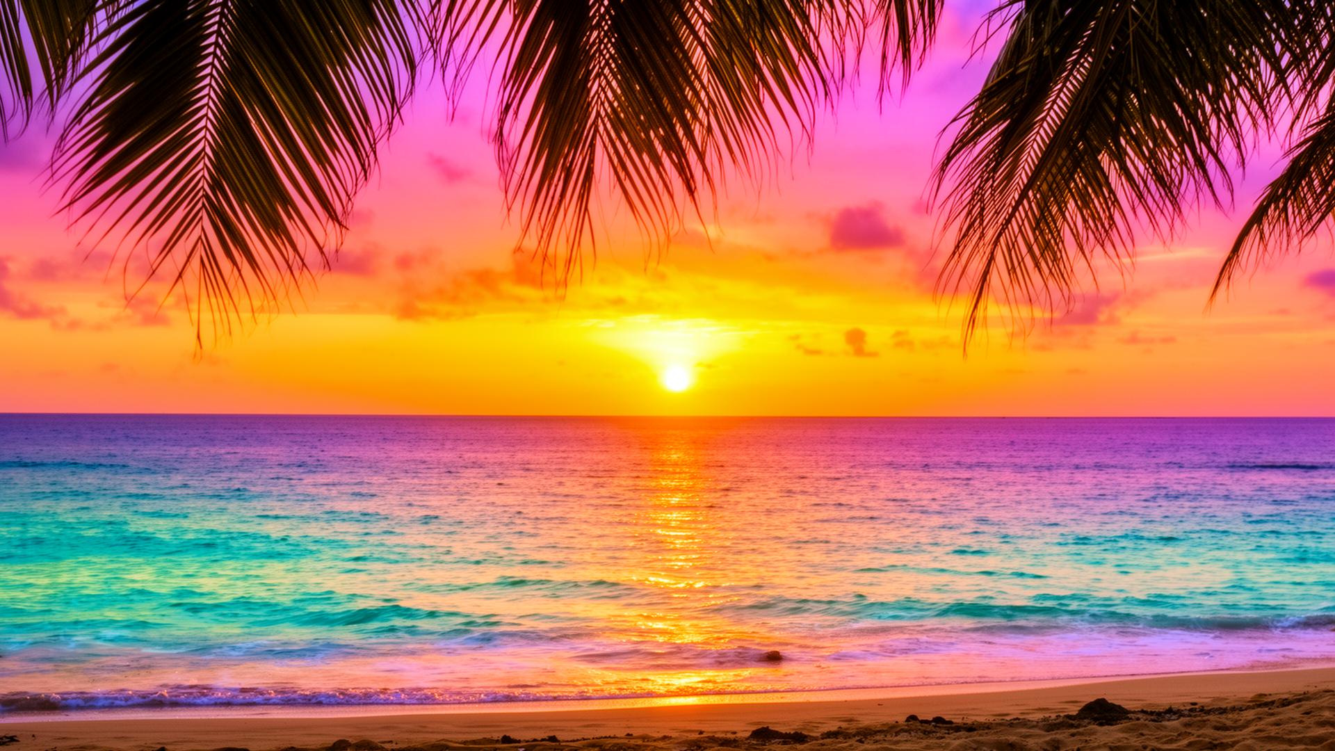 Vibrant Hawaiian sunset over a turquoise beach with palm fronds