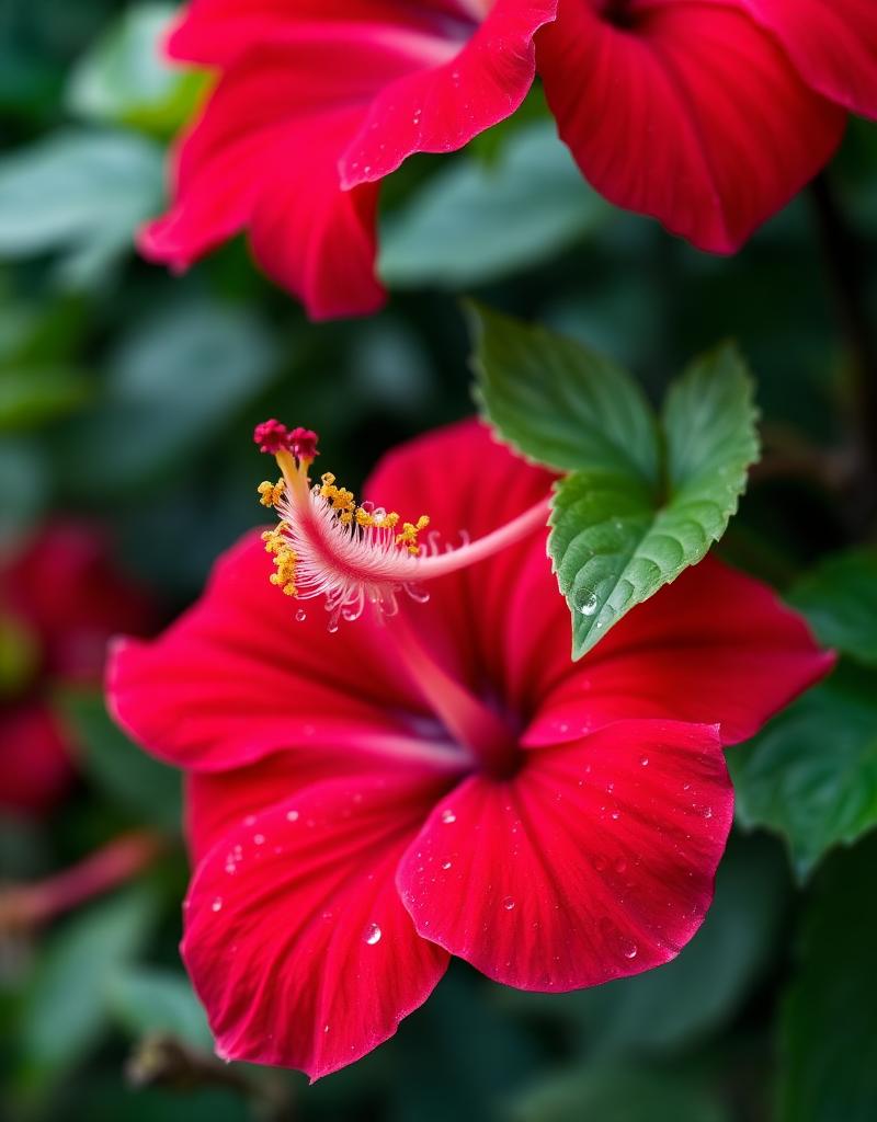 Vibrant red hibiscus with morning dew