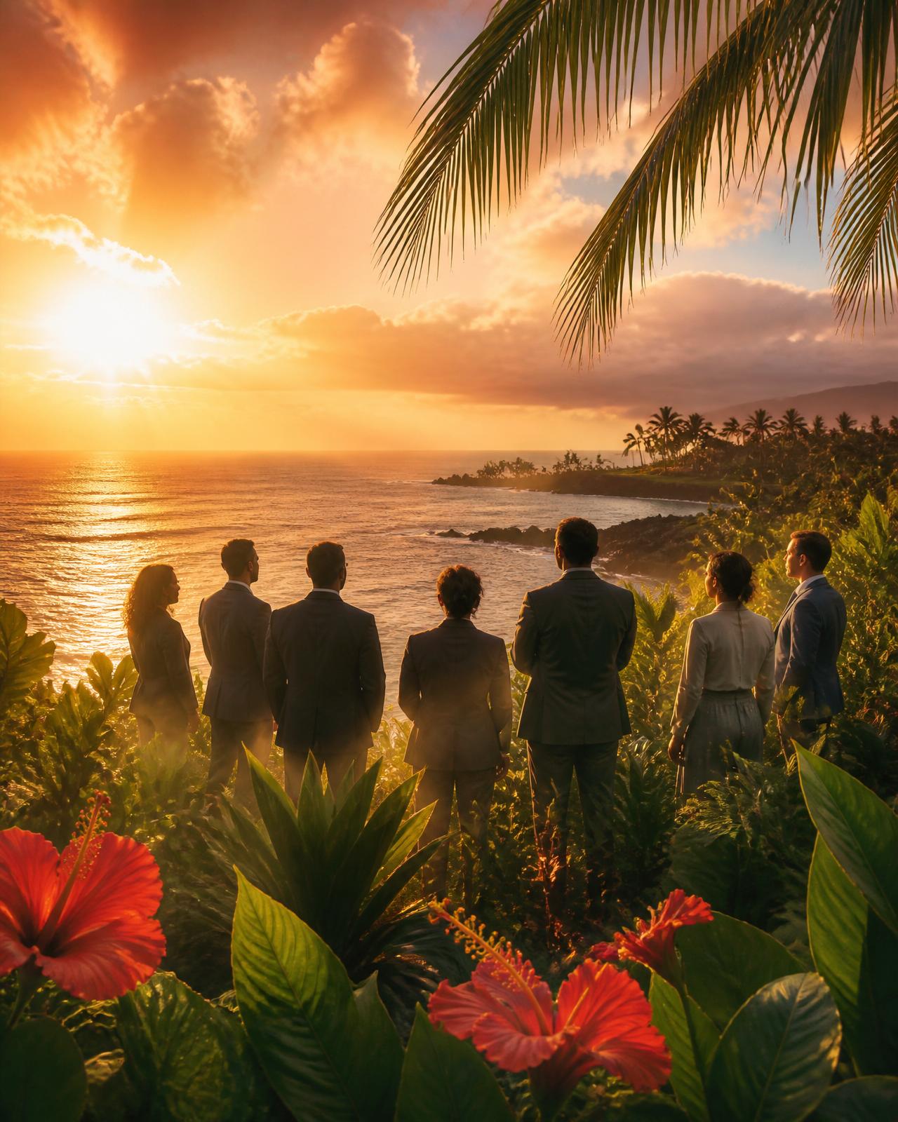 Diverse professionals overlooking a Hawaiian sunrise, symbolizing workplace flourishing